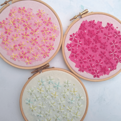 A trio of spring blossom embroidery kits