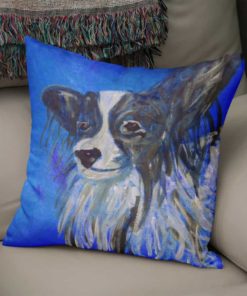 Blue cushion with Papillon dog image