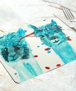 Blue alpacas placemat on marble surface