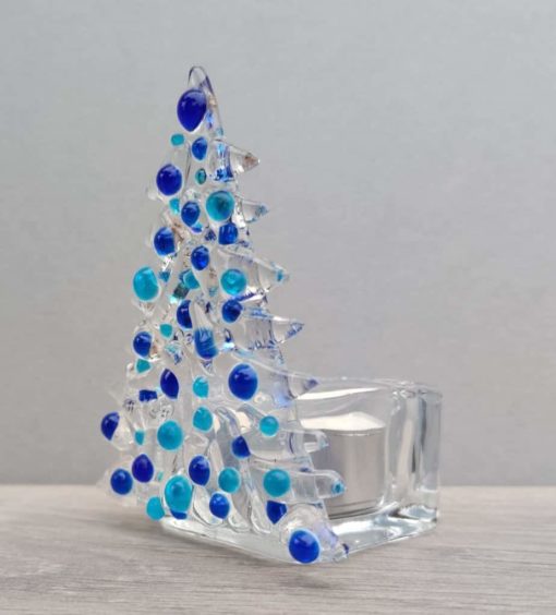 Fused Glass Christmas tree candle holder in light and dark blue glass