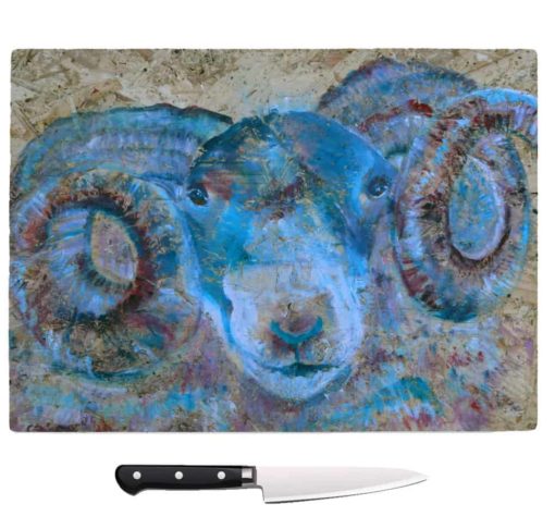 Glass chopping board with blue ram image