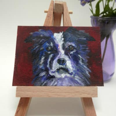 Border Collie dog ACEO on wooden easel