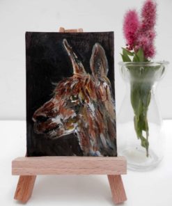 Brown alpaca ACEO painting on wooden easel