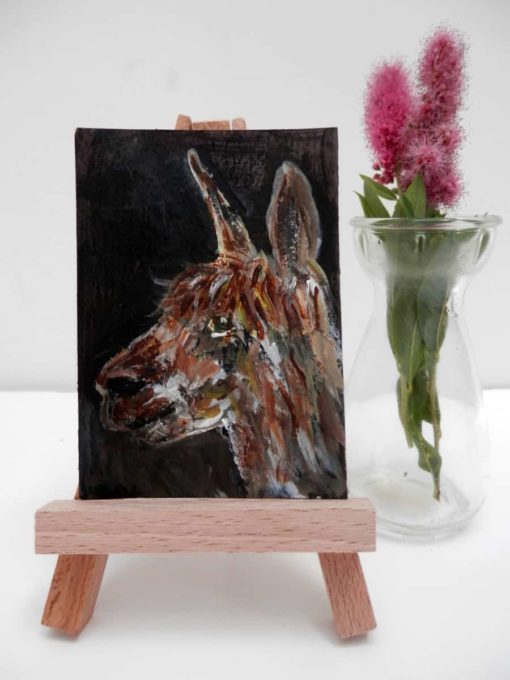 Brown alpaca ACEO painting on wooden easel