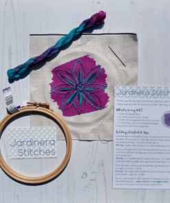 Raspberry clematis embroidery kit contents