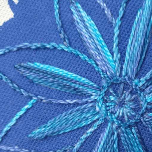 Blues clematis embroidery kit close-up