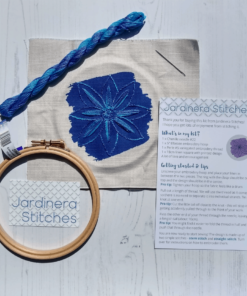 Blues clematis embroidery kit contents