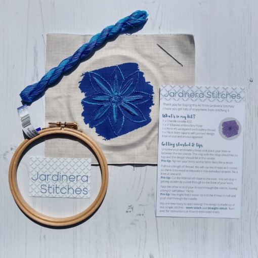 Blues clematis embroidery kit contents