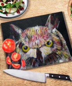 Owl glass cutting board on kitchen worktop