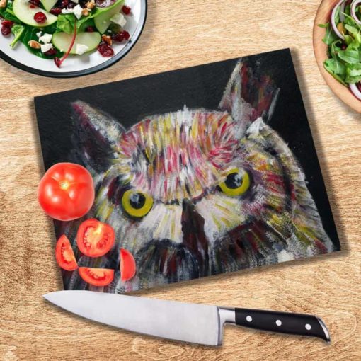 Owl glass cutting board on kitchen worktop