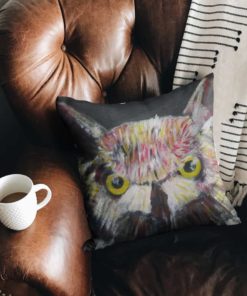 Faux suede cushion with colourful owl design
