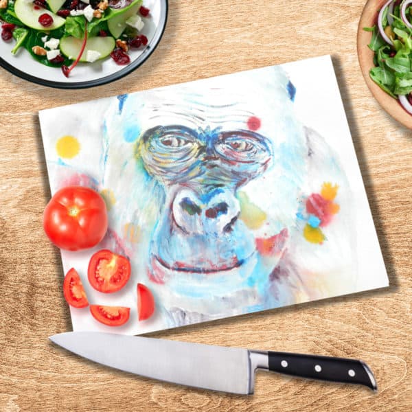 Glass cutting board with blue gorilla image