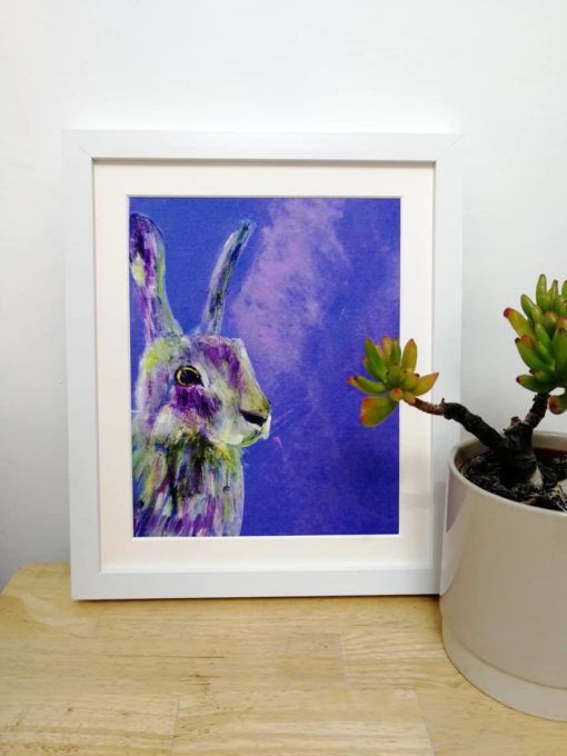 Purple hare giclee art print with mount and frame