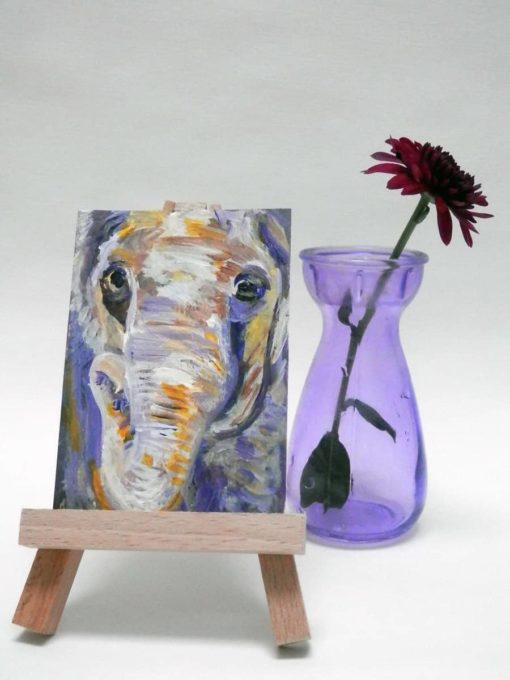 Original elephant ACEO on miniature wooden easel