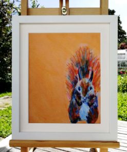 Red squirrel art print on orange background