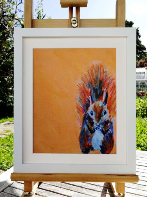 Red squirrel art print on orange background