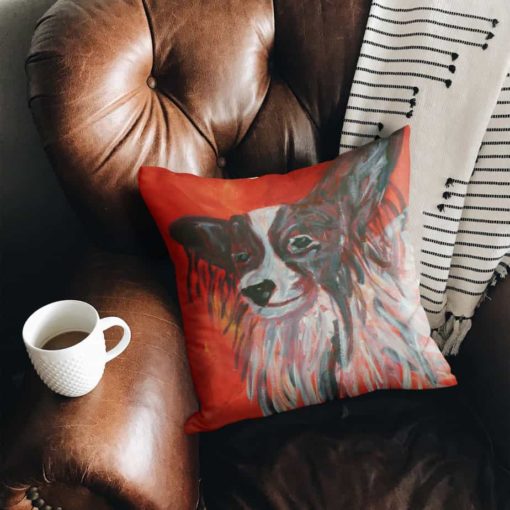 Red faux suede Papillon dog cushion Caroline Skinner Art
