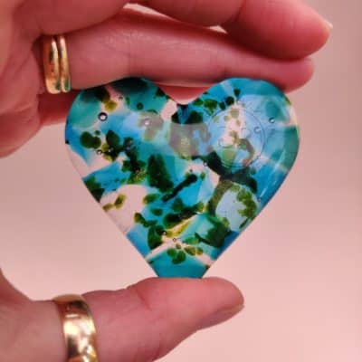 Blue green cast fused glass heart