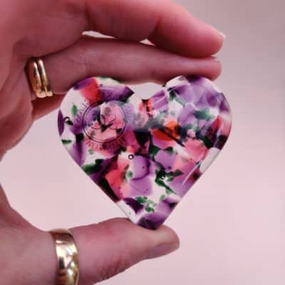Purple cranberry and green cast fused glass heart