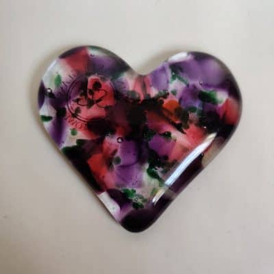 Purple cranberry pink and green fused glass heart