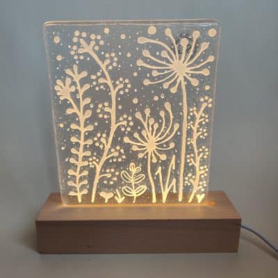 White hand painted white flower and seed head panel LED light