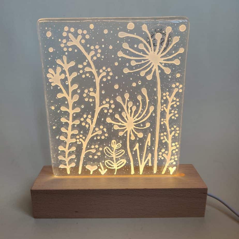 White hand painted white flower and seed head panel LED light