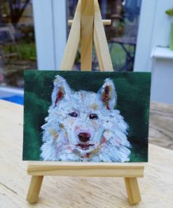 ACEO Samoyed dog painting with miniature wooden easel