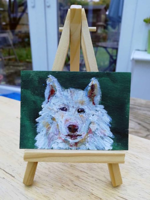 ACEO Samoyed dog painting with miniature wooden easel