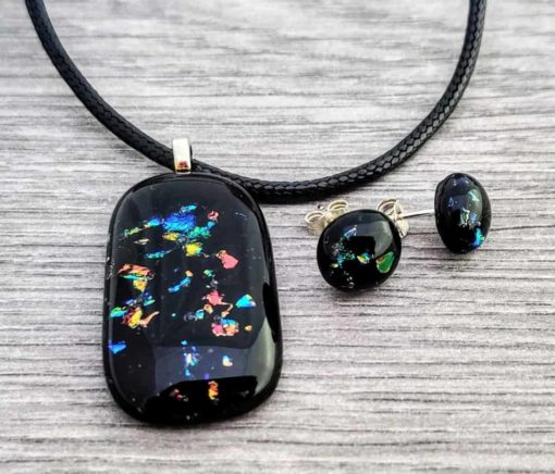 Spinnaker Glass Black dichroic chip necklace and earrings set with 925 sterling silver earring posts