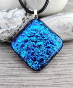 Spinnaker Glass mid blue bubble texture dichroic fused glass necklace