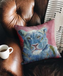 Square throw pillow with lion design