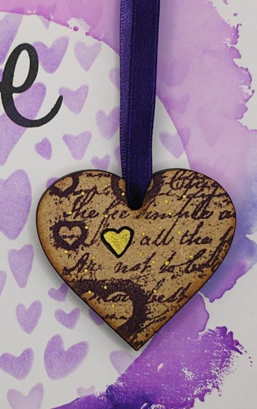 Wooden Hanging Heart Gold Motif Heart
