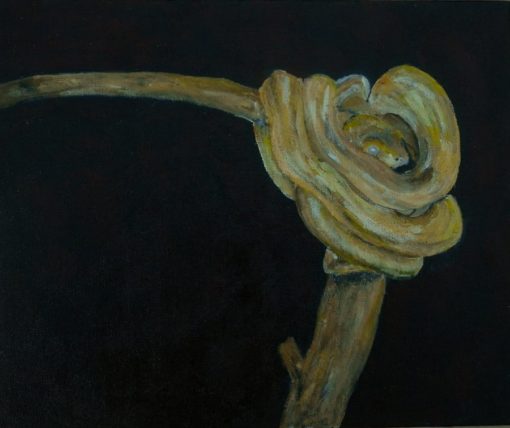 Painting of yellow snake coiled around a tree