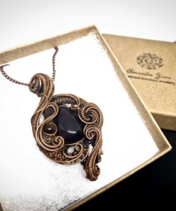 copper wire wrapped obsidian pendant open box