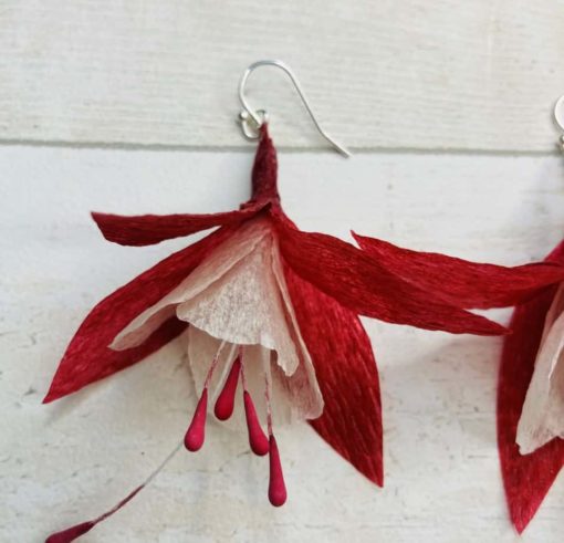 red and cream paper flower fuchsia earrings