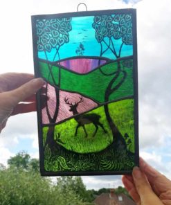 reindeer landscape stained glass