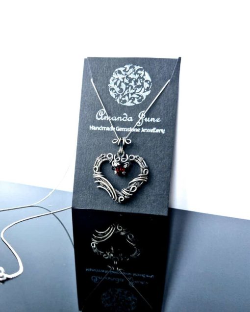 sterling silver garnet heart pendant wire wrapped handmade 2 2