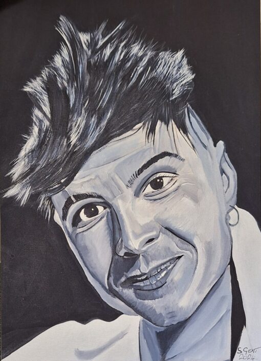 Black and white painting of a smiling person with spiky hair, expressive eyes, and an earring. "S. Gent 2021" is signed at the bottom.