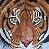 Close-up painting of a tiger's face with green eyes, detailed fur, and vivid colors, signed "S Sent 2024.