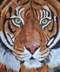 Close-up painting of a tiger's face with green eyes, detailed fur, and vivid colors, signed "S Sent 2024.