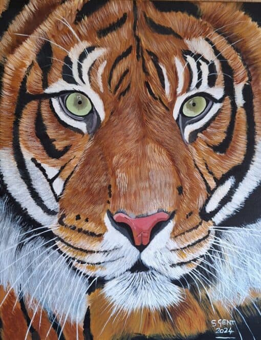 Close-up painting of a tiger's face with green eyes, detailed fur, and vivid colors, signed "S Sent 2024.