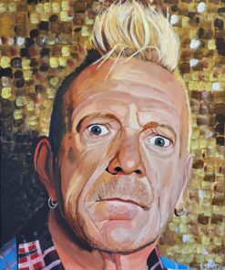 Portrait painting of a man with a mohawk against a textured gold background, wearing a plaid shirt and hoop earrings.