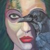 Abstract painting of a woman's face with green hair merging with a crow. Bold colors and striking composition.