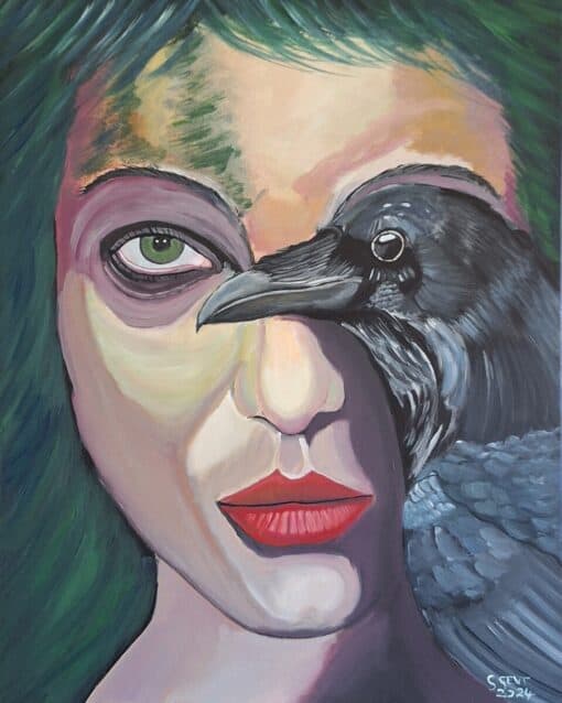 Abstract painting of a woman's face with green hair merging with a crow. Bold colors and striking composition.