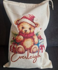 Unique teddy bear Christmas bag with a cute teddy bear print, perfect for kids, featuring personalized name 