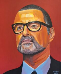 Painting of a man with glasses and a beard against a red background, signed "SGent 2024" in the corner.