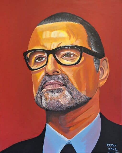 Painting of a man with glasses and a beard against a red background, signed "SGent 2024" in the corner.