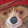 Painting of a bear wearing a red hat and blue coat, facing forward with a friendly expression.