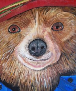 Painting of a bear wearing a red hat and blue coat, facing forward with a friendly expression.