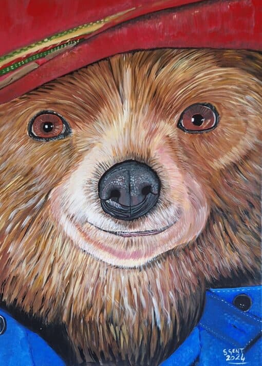 Painting of a bear wearing a red hat and blue coat, facing forward with a friendly expression.